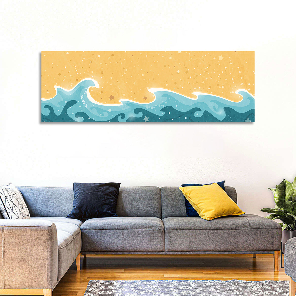 Whimsical Starry Waves Abstract Wall Art in a room, panoramic