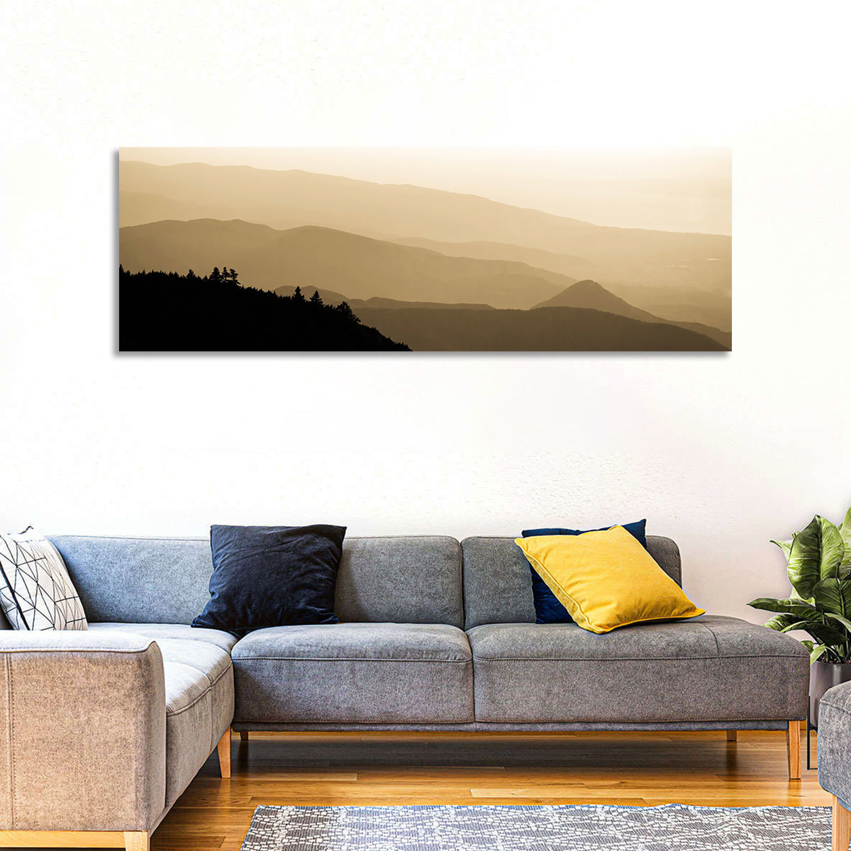 Foggy Mountain Sunset with Evergreen Silhouettes Wall Art