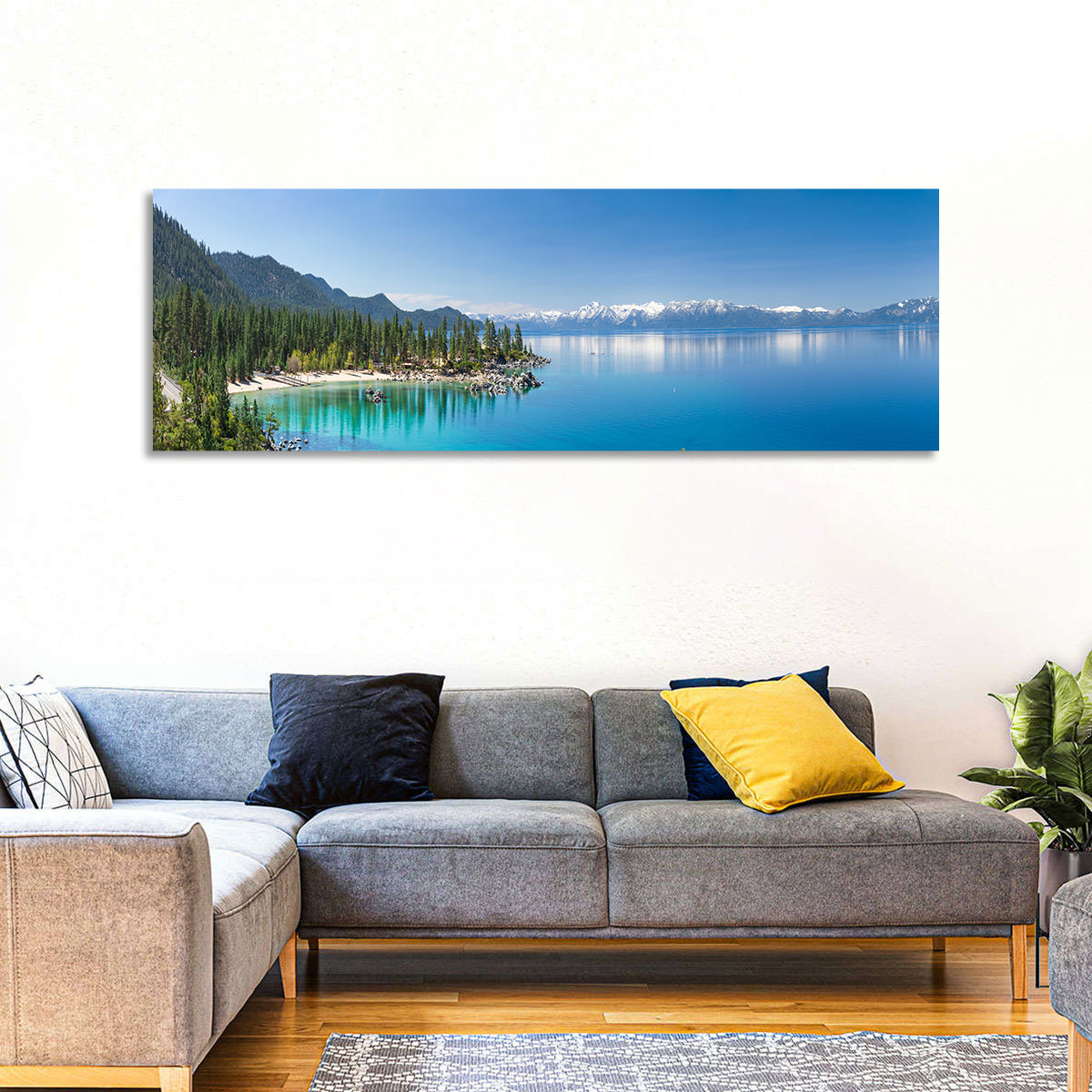 Lake Tahoe Turquoise Shoreline Wall Art in a room, panoramic