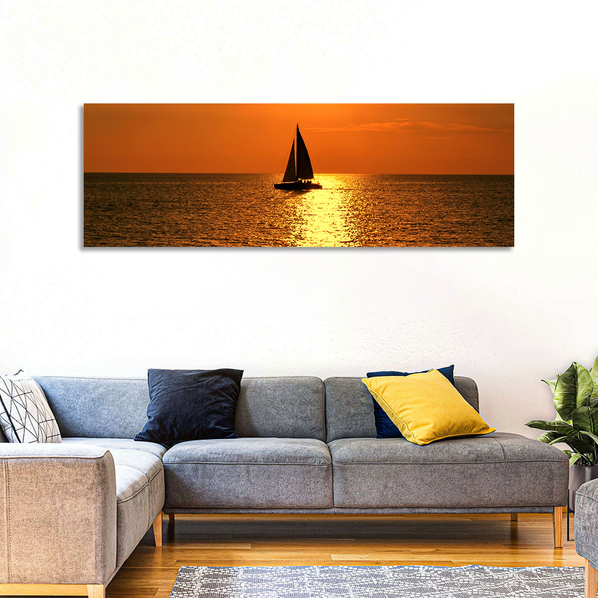 Sailboat Silhouette at Golden Sunset Wall Art