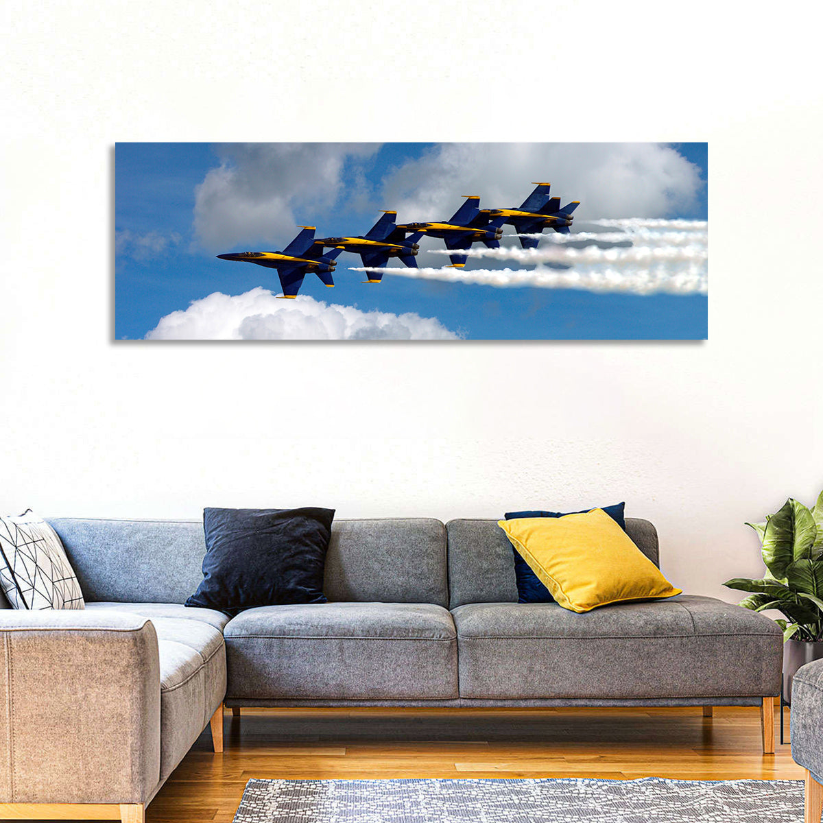 Blue and Gold Fighter Jets Wall Art in a room, panoramic