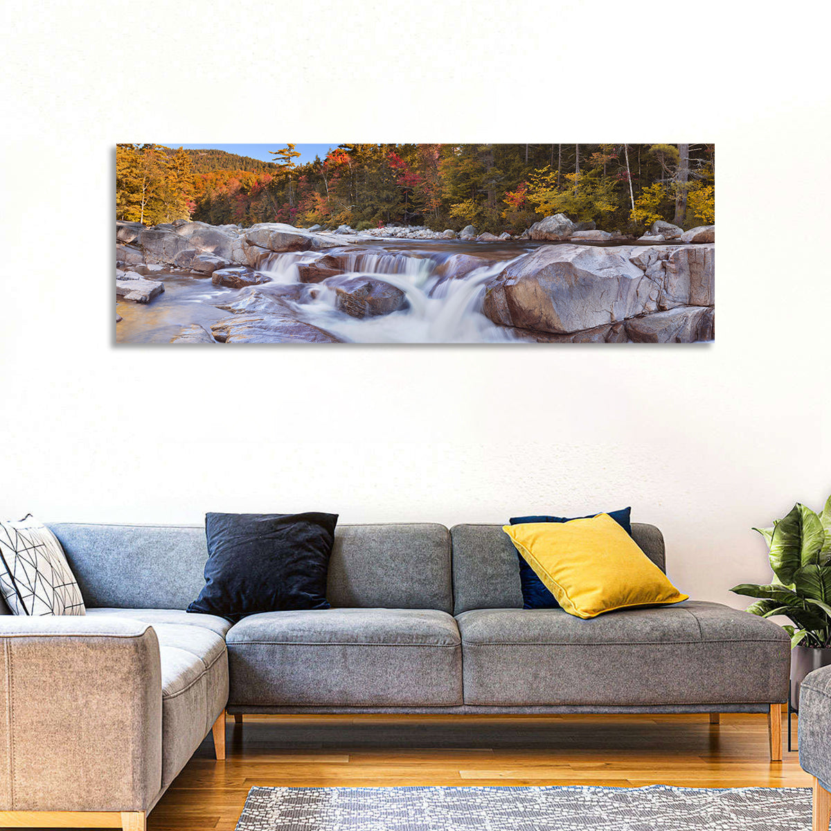 White Mountain Autumn River Wall Art in a room, panoramic