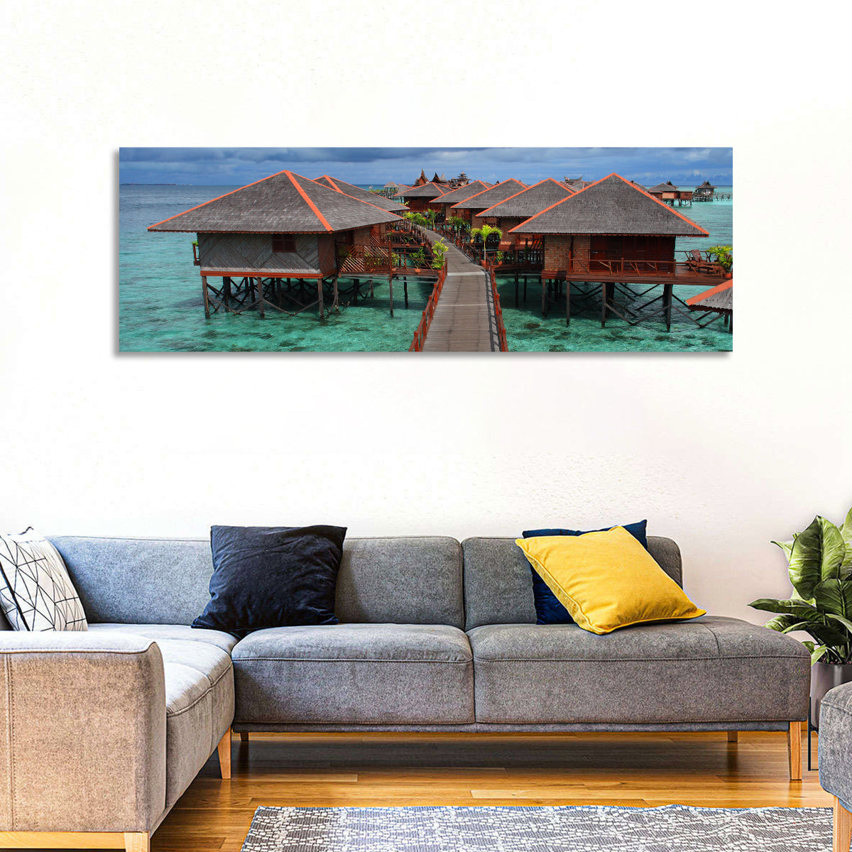 Overwater Bungalows Boardwalk Over Turquoise Sea Wall Art in a room, panoramic