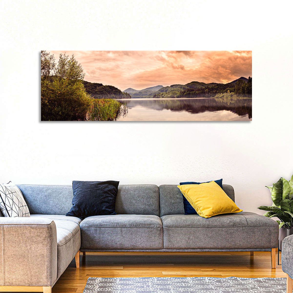 Cloudy Lake at Golden Hour Wall Art in a room, panoramic