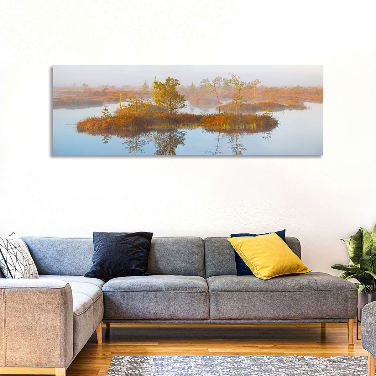 Yelnya Swamp Reflection Wall Art in a room, panoramic