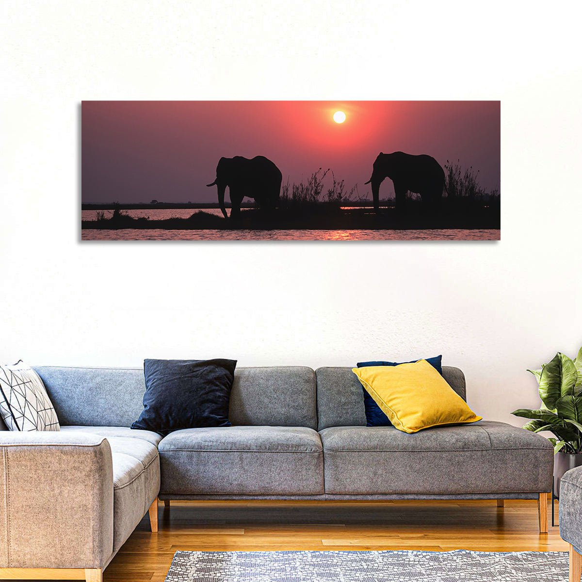 Elephants at Sunset Silhouette Wall Art
