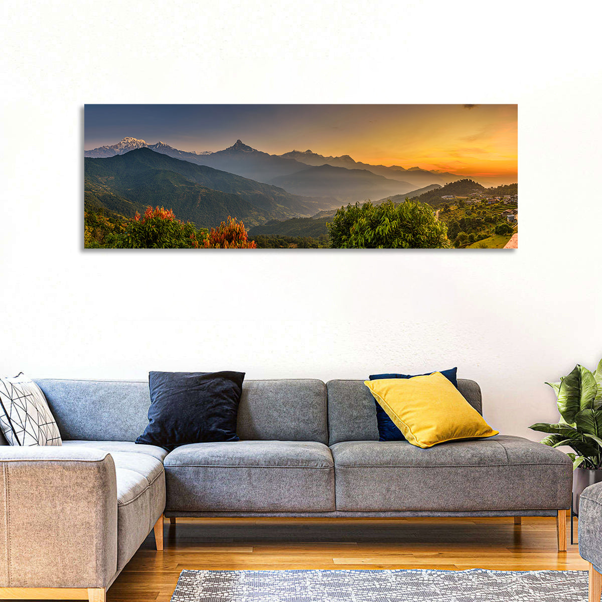Annapurna Sunrise Over Pokhara Wall Art in a room, panoramic