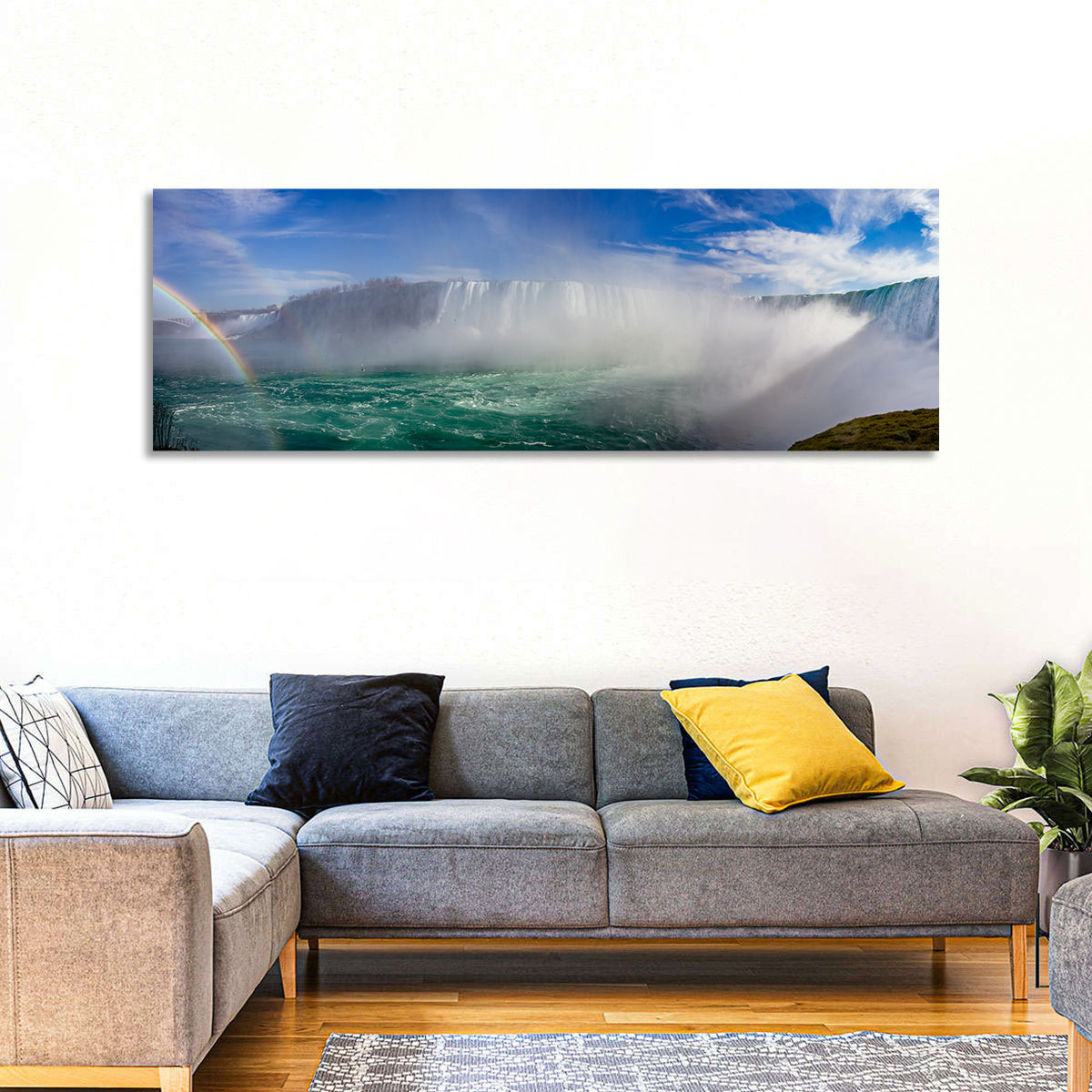 Horseshoe Falls Rainbow View Wall Art in a room, panoramic