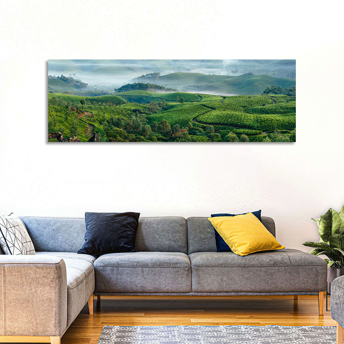 Kerala Tea Fields Wall Art in a room, panoramic
