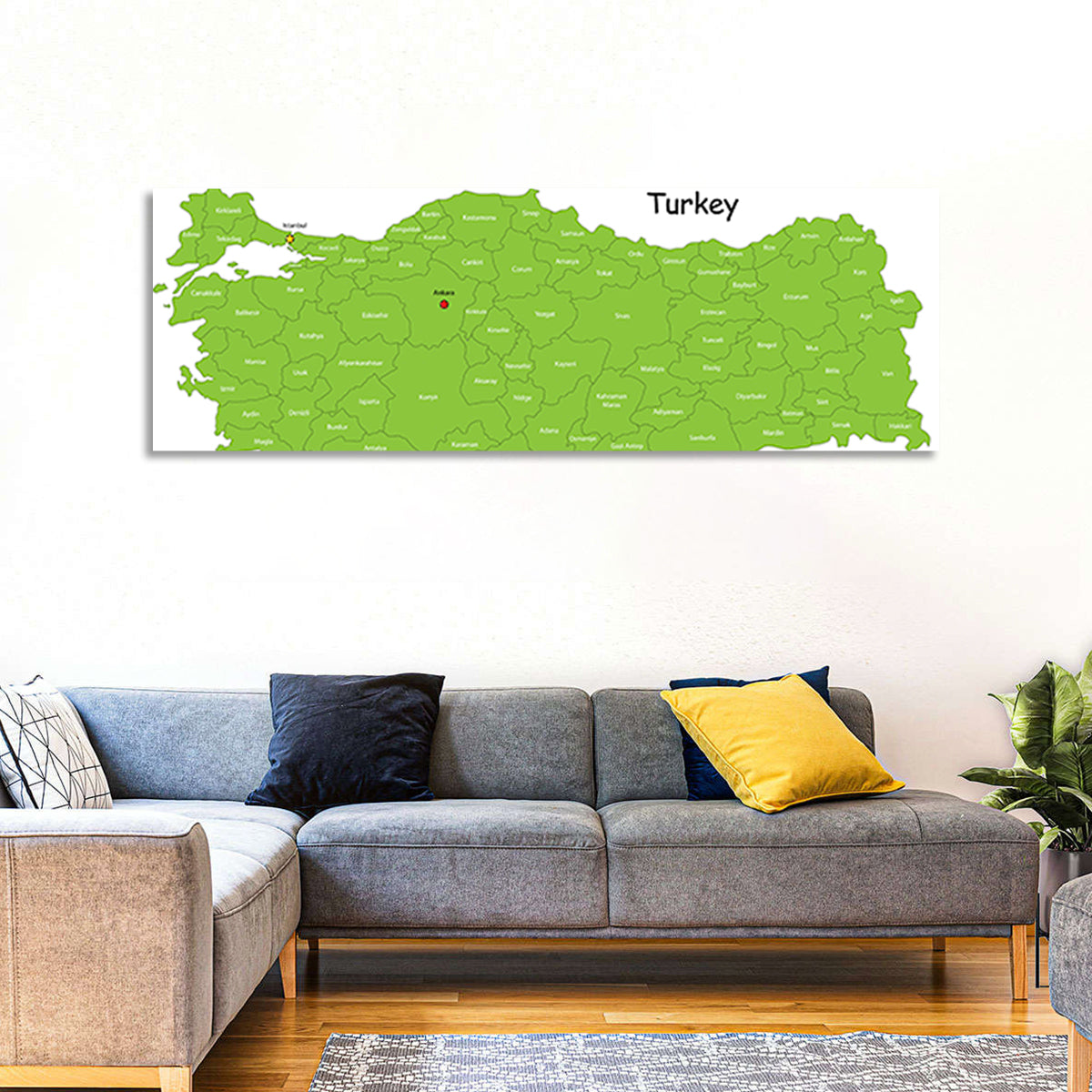 Turkey Map with Province Labels Wall Art in a room, panoramic