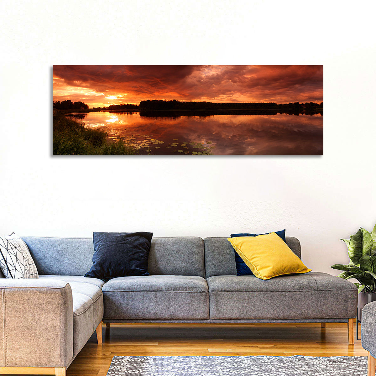 Sunset Lake Reflection Wall Art in a room, panoramic