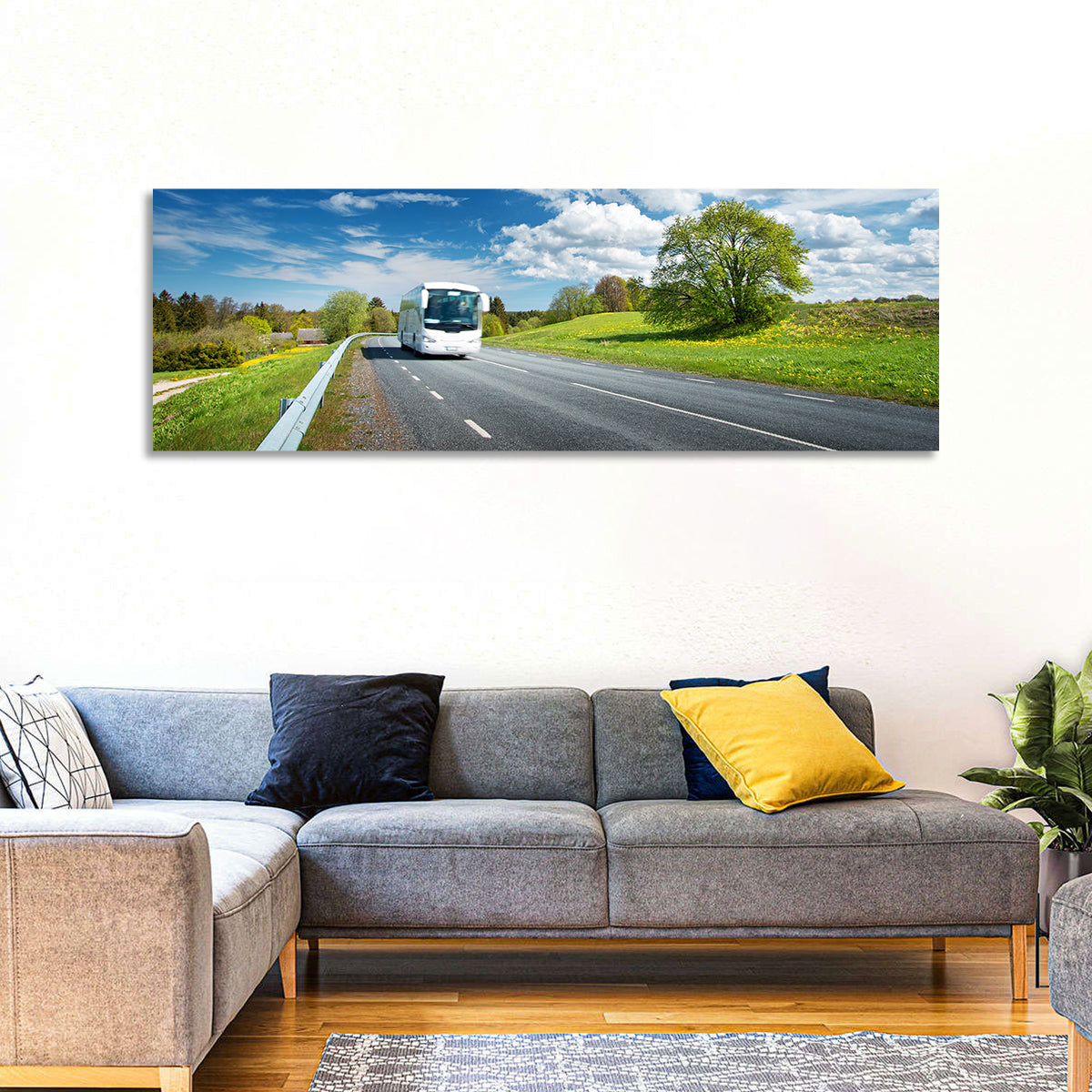 White Bus on Meadow Road Wall Art