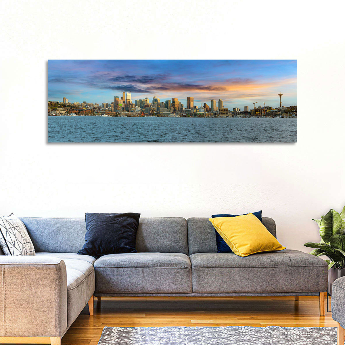 Seattle Skyline at Dusk Wall Art in a room, panoramic