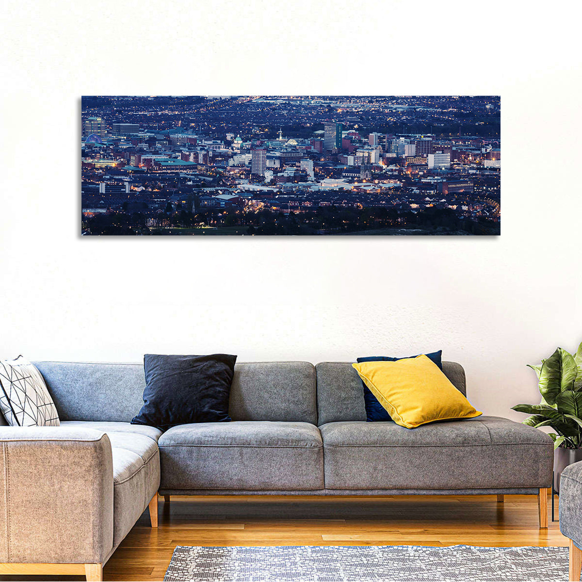 Belfast Blue Hour Skyline Wall Art in a room, panoramic