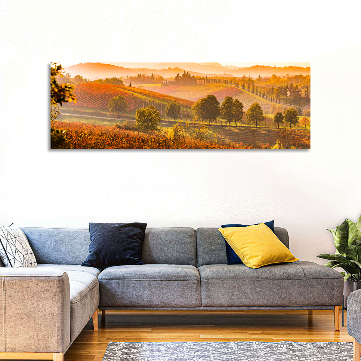 Golden Hour Vineyard Hills Wall Art in a room, panoramic