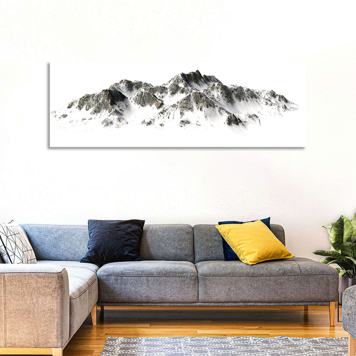 Winter Snow-capped Mountain Range Wall Art in a room, panoramic