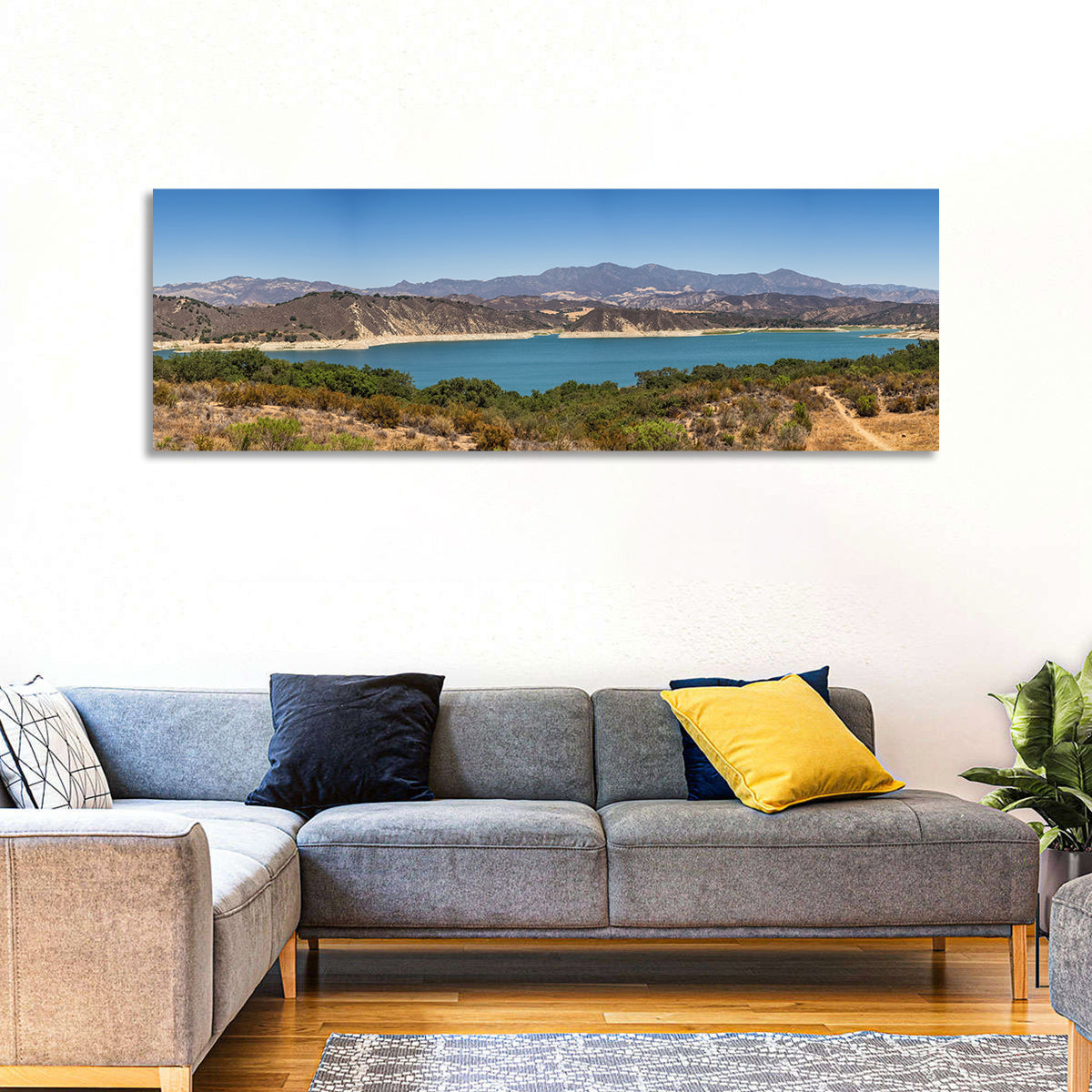 Lake Cachuma Wall Art in a room, panoramic