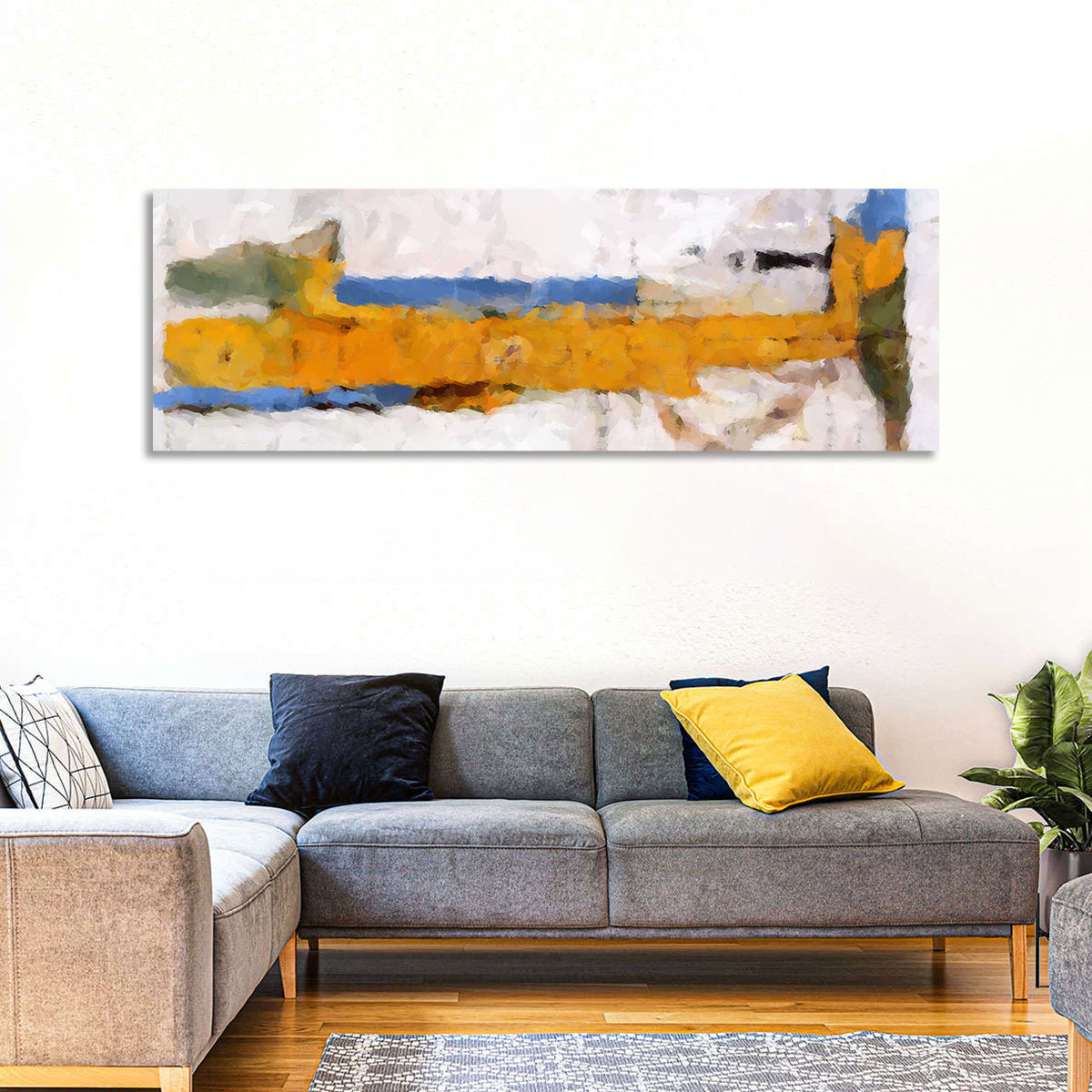Lake Reflection in Yellow and Blue Wall Art in a room, panoramic