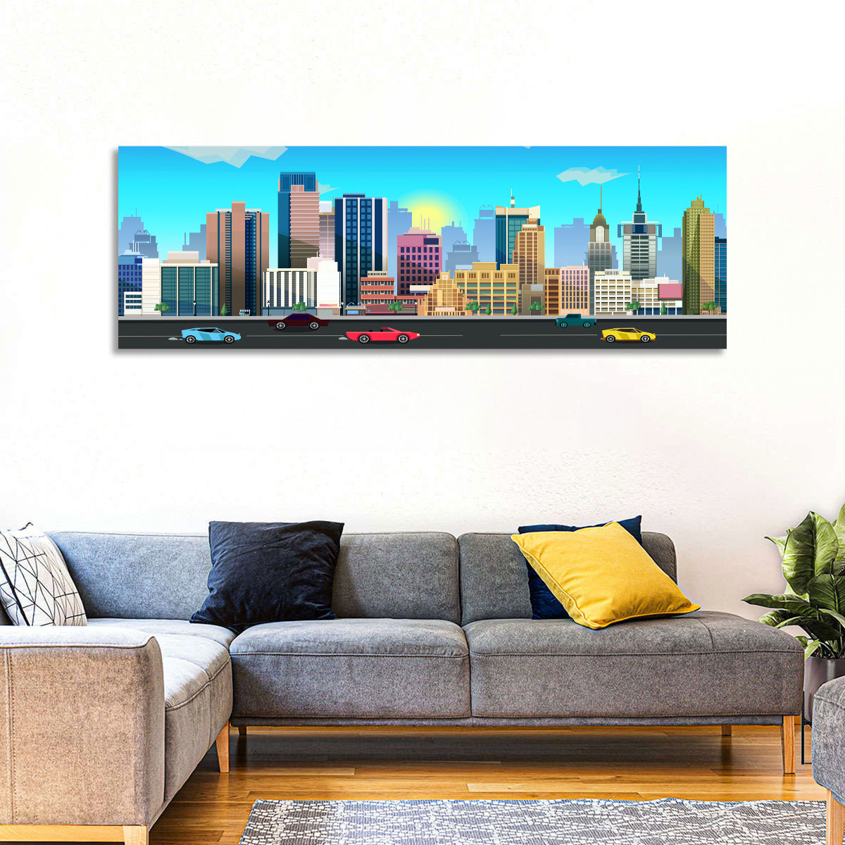 Geometric City Skyline with Sun Flare Wall Art in a room, panoramic