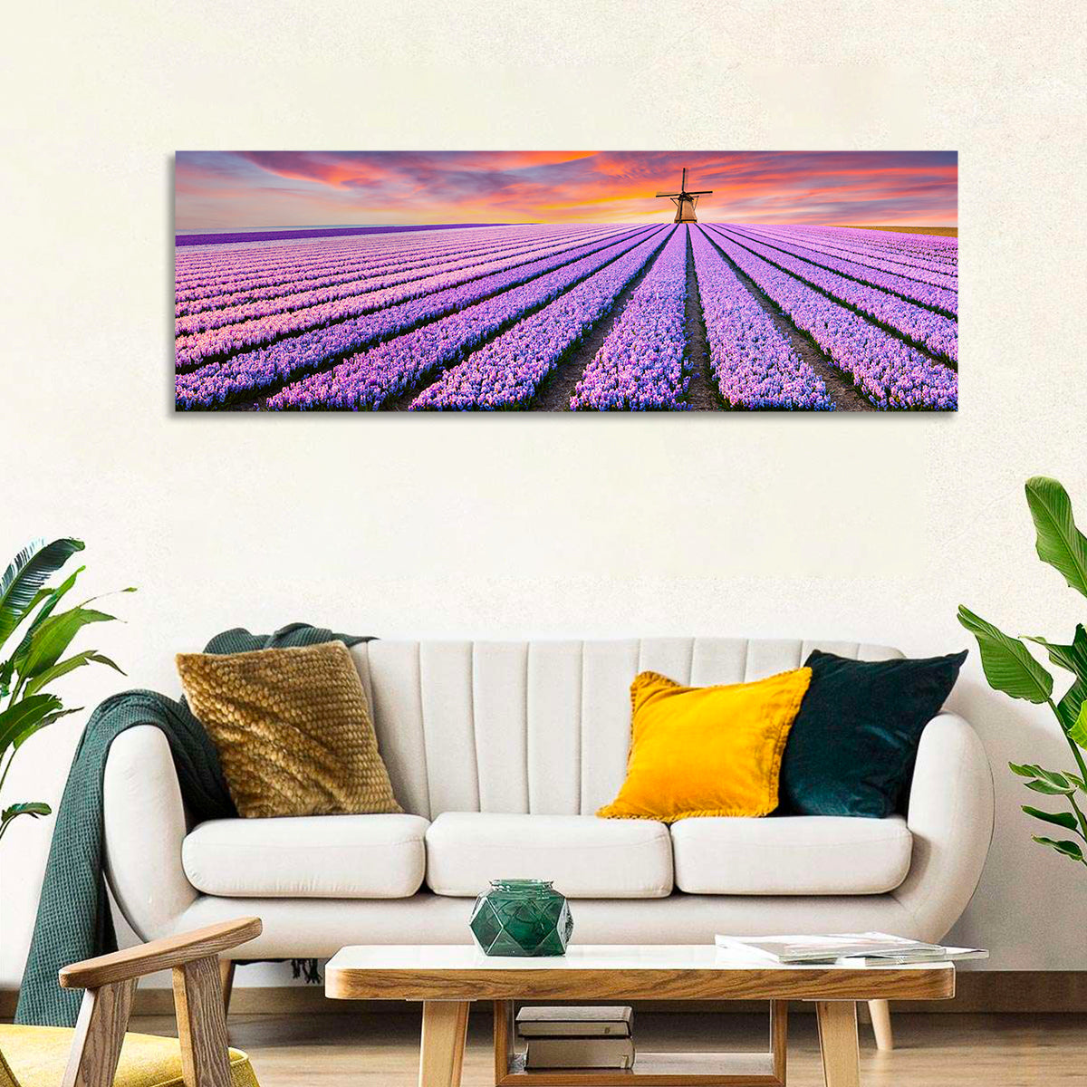 Hyacinth Field at Sunset Wall Art in a room, panoramic