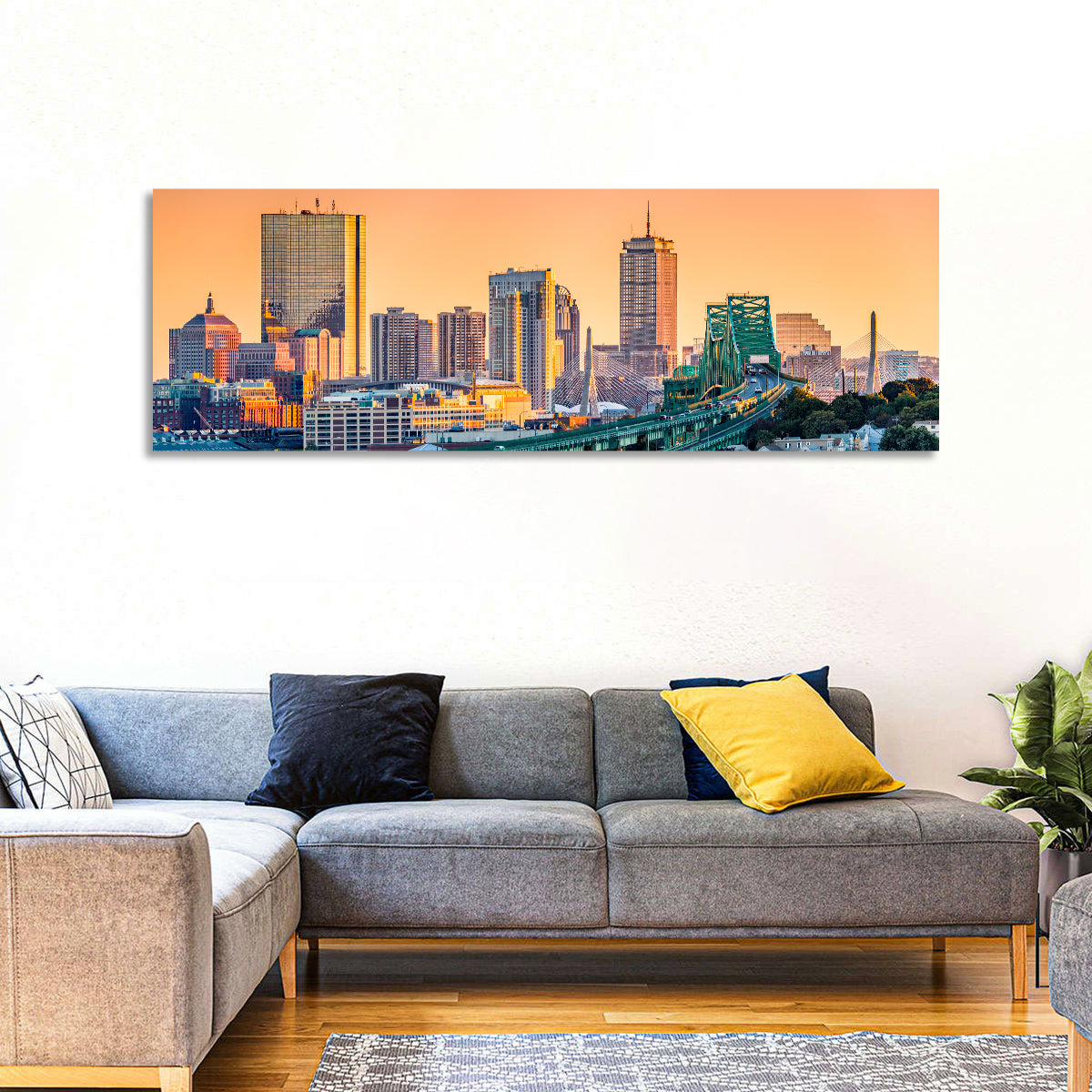 Tobin Bridge to Boston Skyline at Golden Hour Wall Art in a room, panoramic