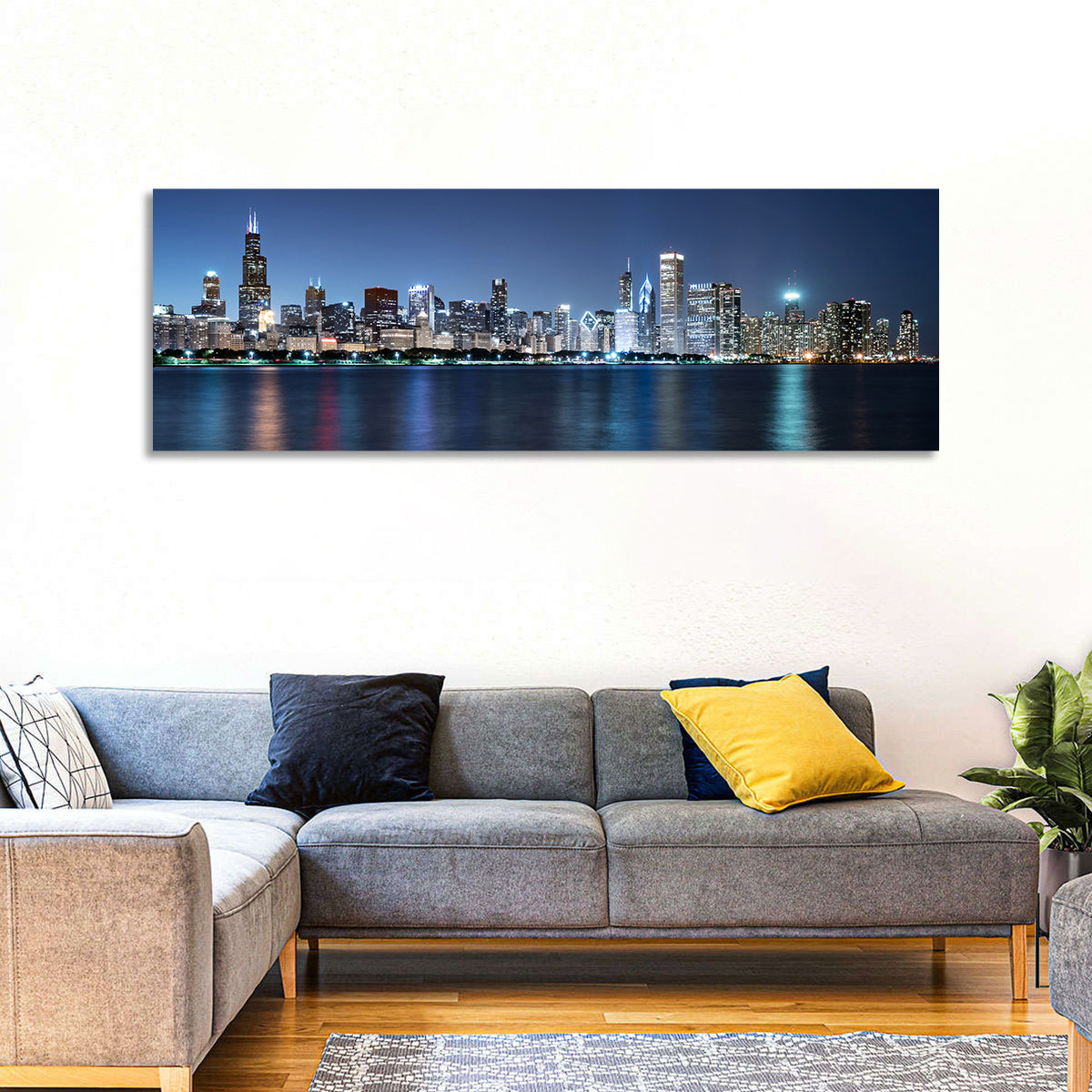 Chicago Night Skyline Wall Art in a room, panoramic