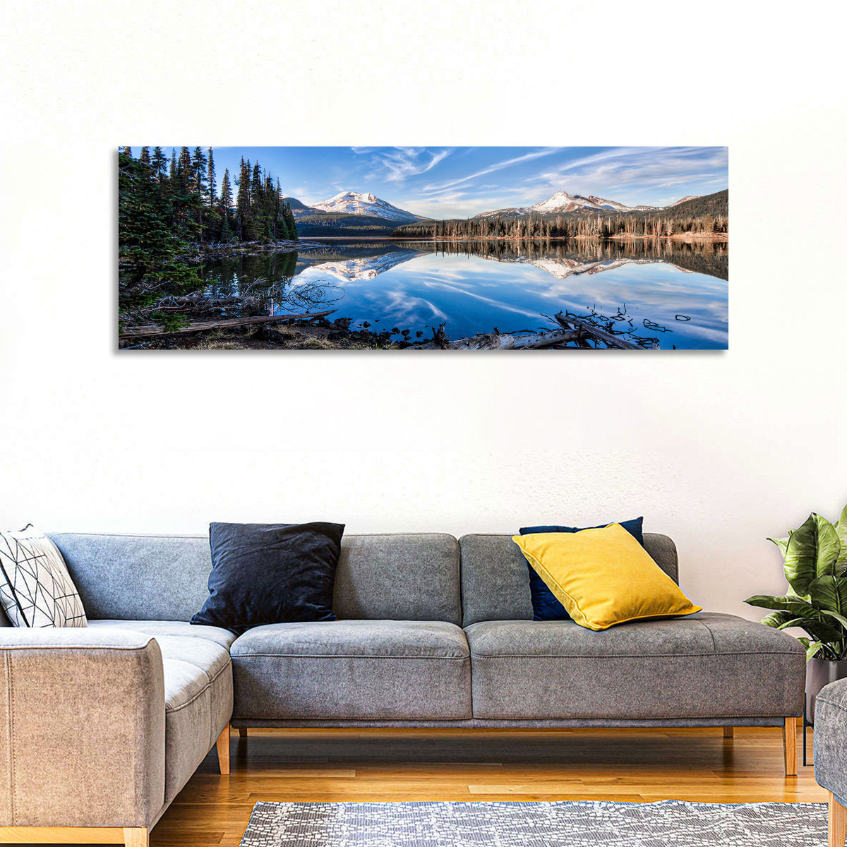 Sparks Lake Reflection Wall Art in a room, panoramic