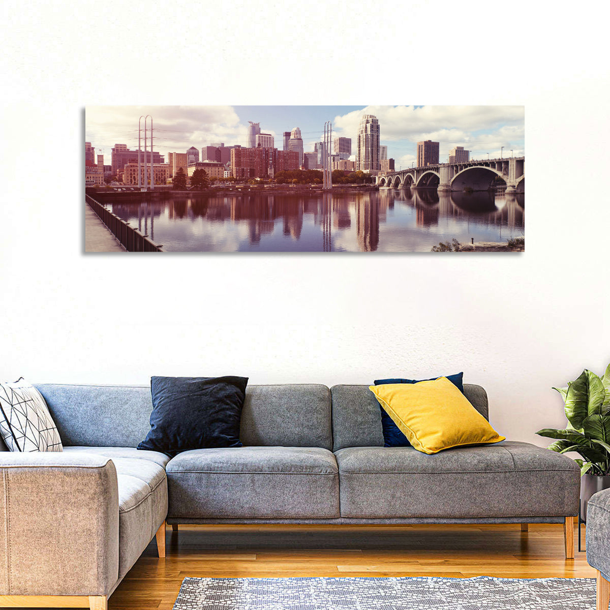 Minneapolis Skyline at Third Avenue Bridge Wall Art in a room, panoramic
