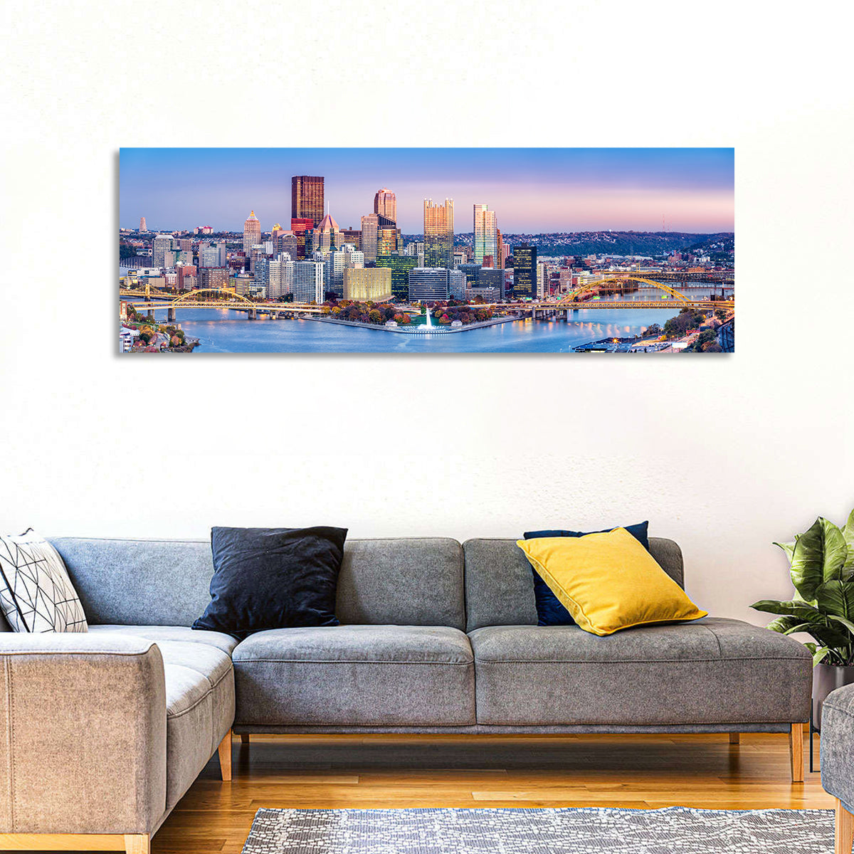 Pittsburgh Twilight Skyline Wall Art in a room, panoramic