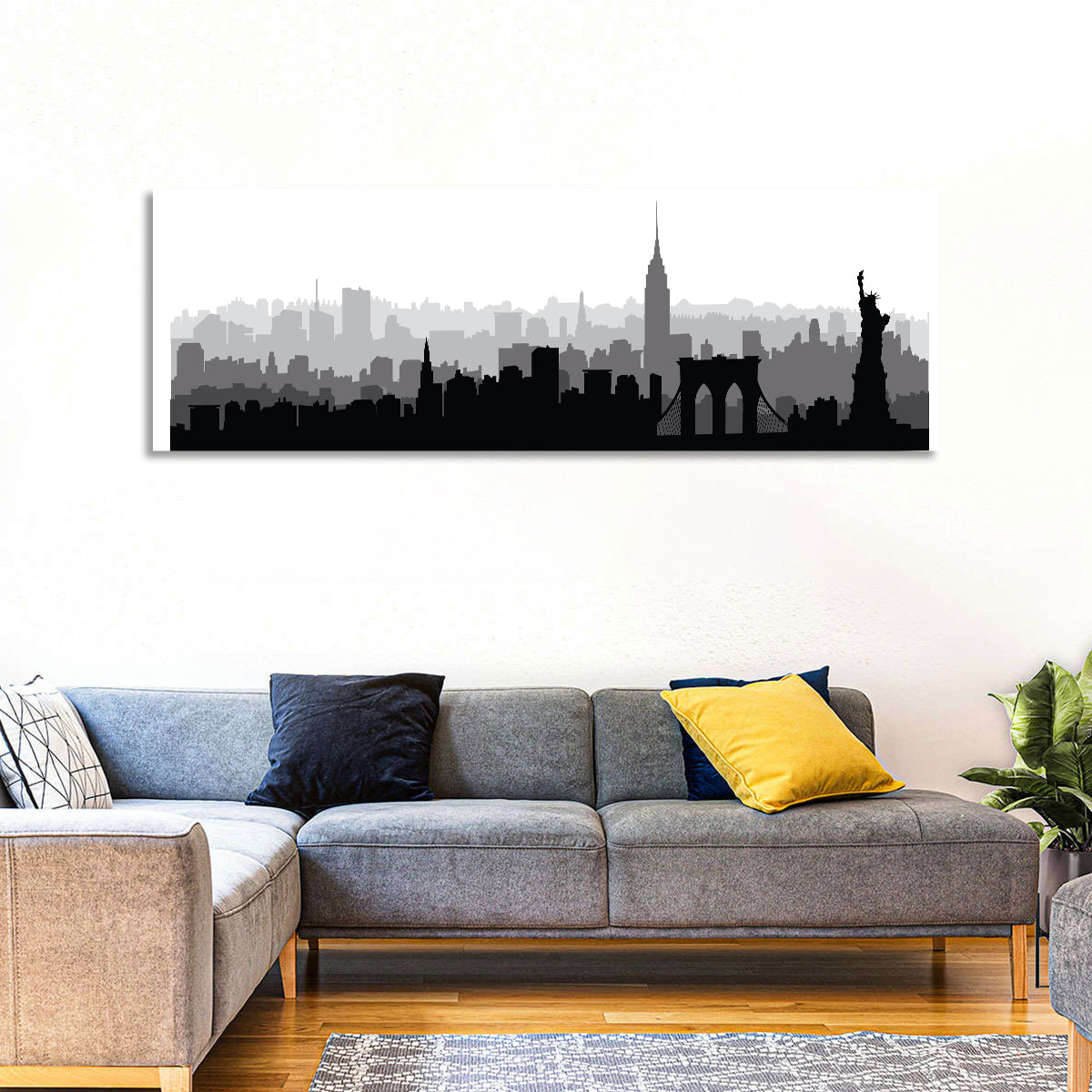 New York Skyline Silhouette Wall Art in a room, panoramic