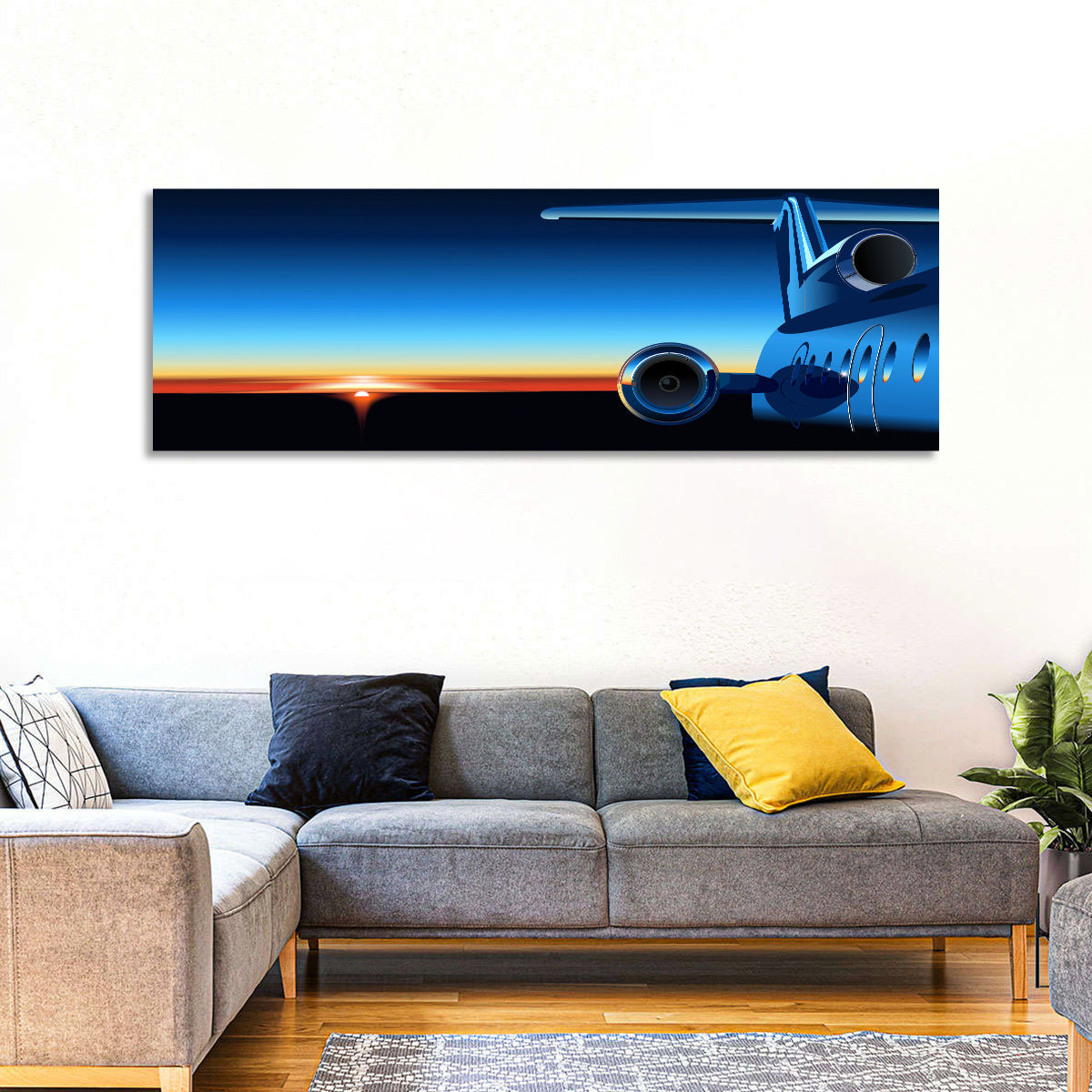 Private Jet Sunrise Wall Art in a room, panoramic