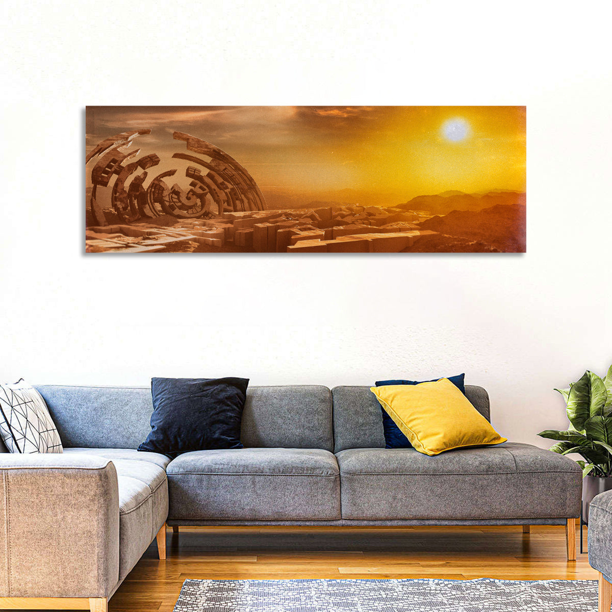 Deserted Alien Planet at Dusk Wall Art in a room, panoramic