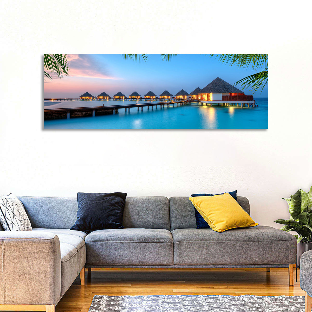 Overwater Bungalows at Twilight Wall Art in a room, panoramic
