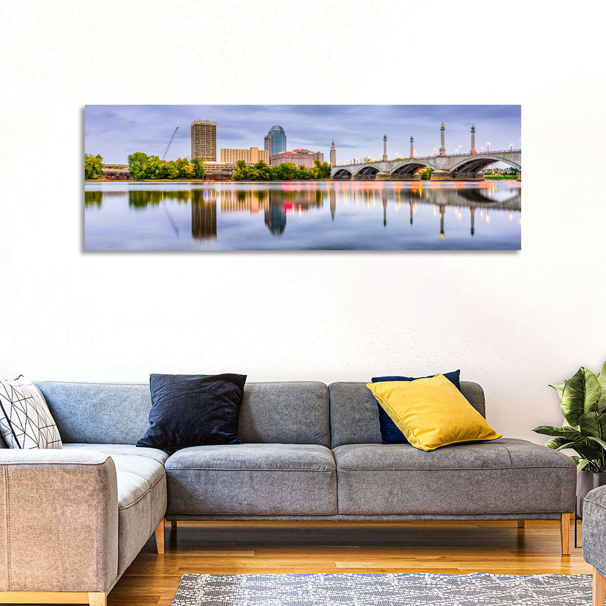 Springfield Memorial Bridge Skyline Wall Art in a room, panoramic