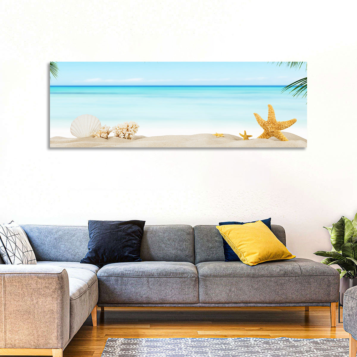 Seashell and Starfish Beach Still Life Wall Art in a room, panoramic