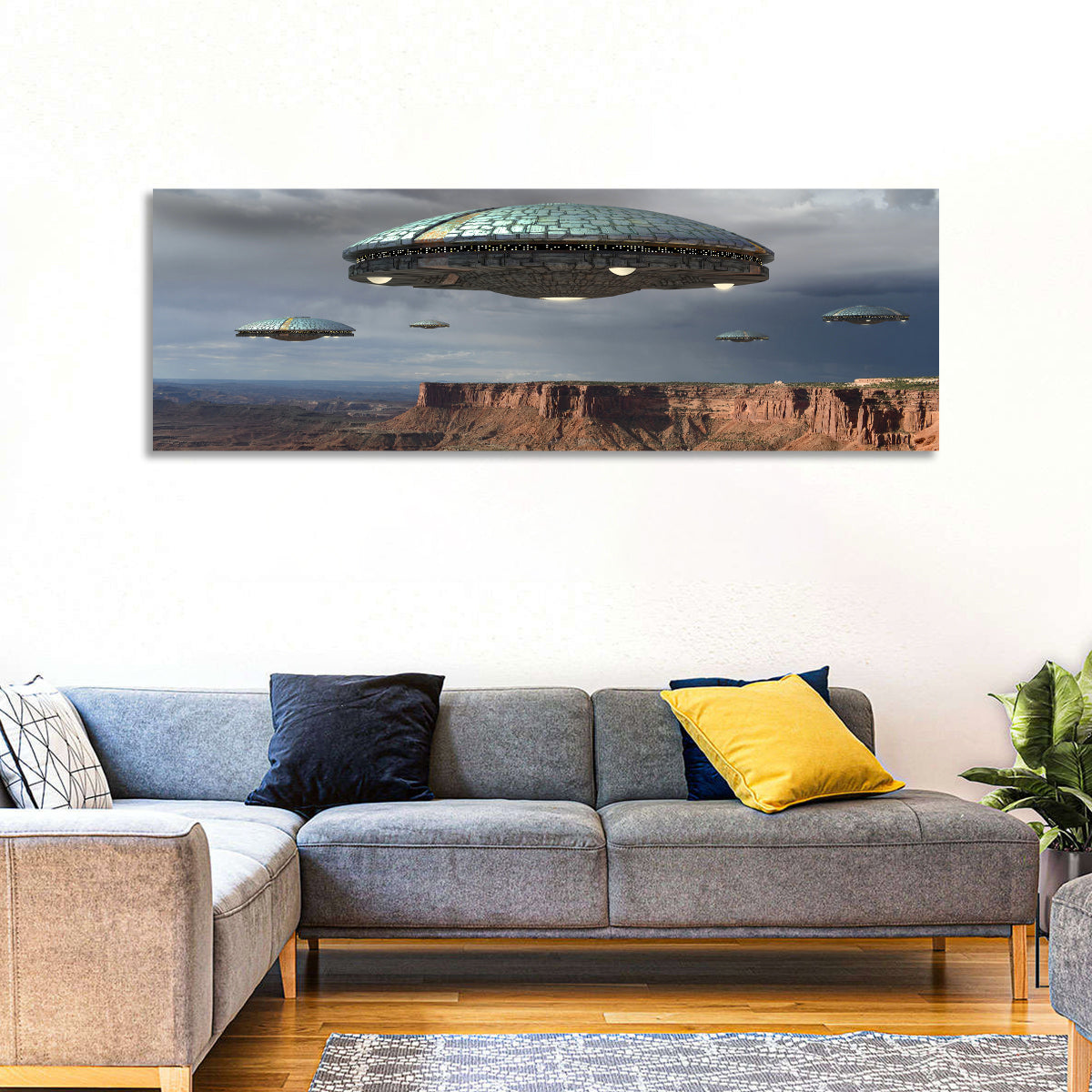 Ufos Over Stormy Canyon Wall Art in a room, panoramic