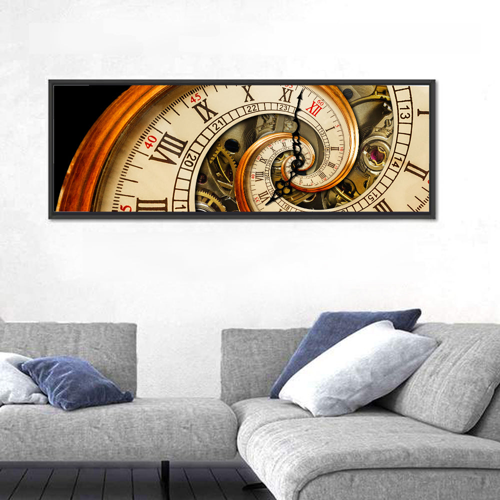 Antique Spiral Clock Face Wall Art in a room, panoramic