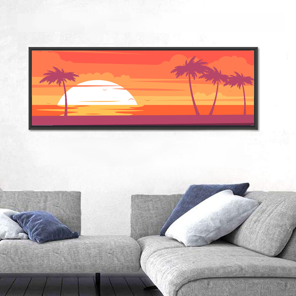 Tropical Sunset with Palm Silhouettes Wall Art in a room, panoramic