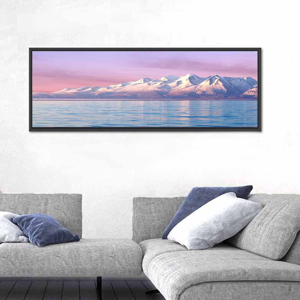 Manasarovar Lake Sunrise Wall Art in a room, panoramic