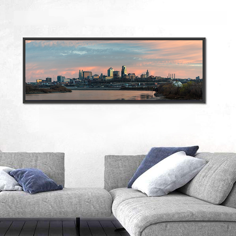 Kansas City Sunset Skyline Wall Art in a room, panoramic
