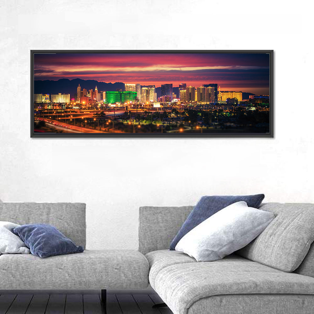 Las Vegas Twilight Skyline Wall Art in a room, panoramic