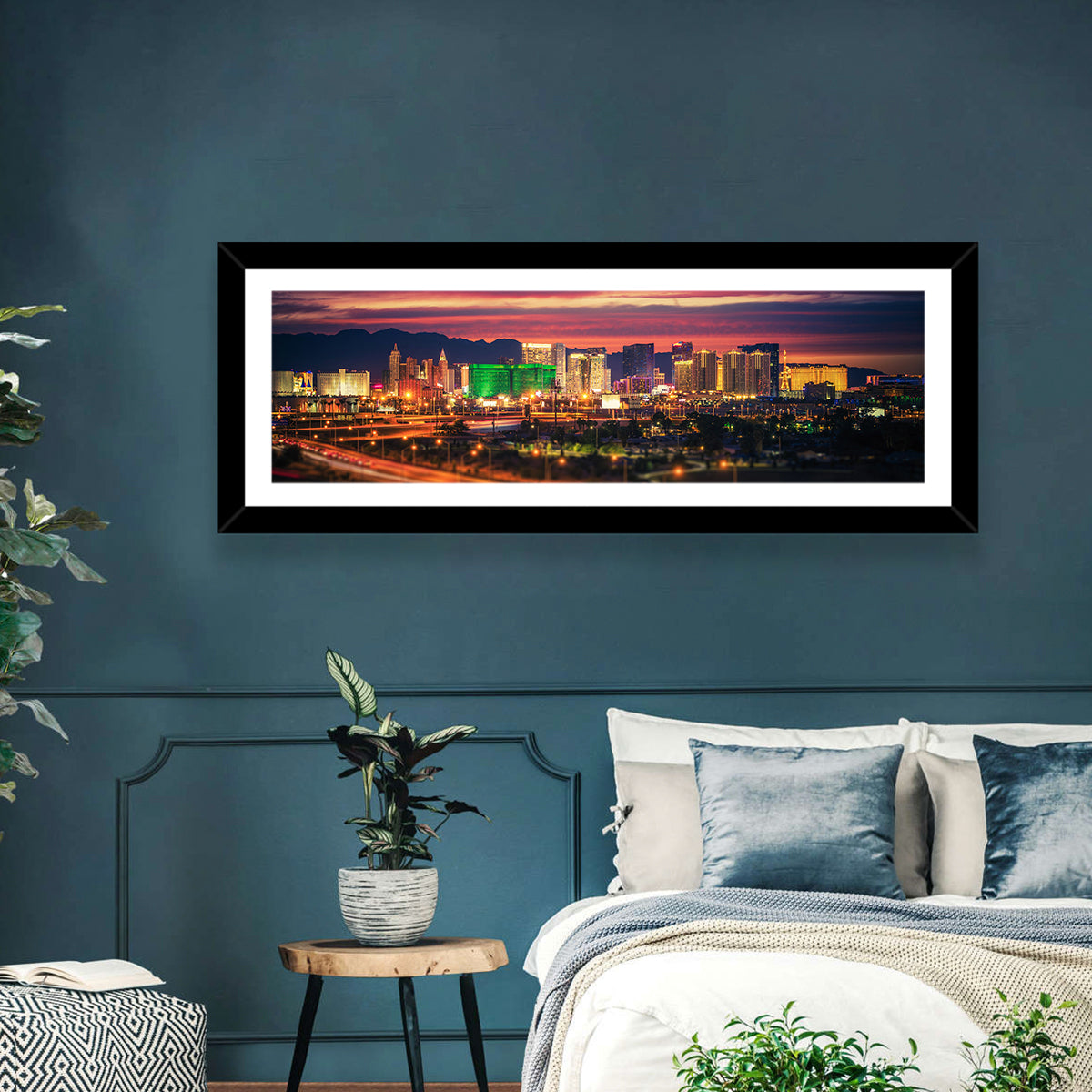 Las Vegas Twilight Skyline Wall Art in a room, panoramic