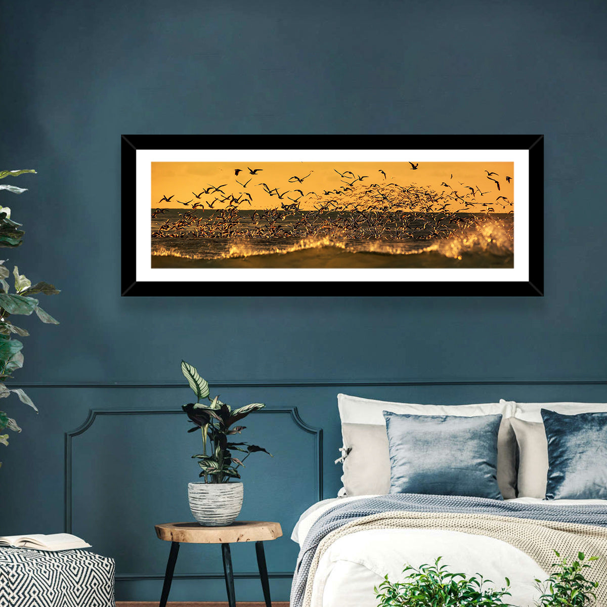 Seagull Flock at Golden Hour Wall Art in a room, panoramic