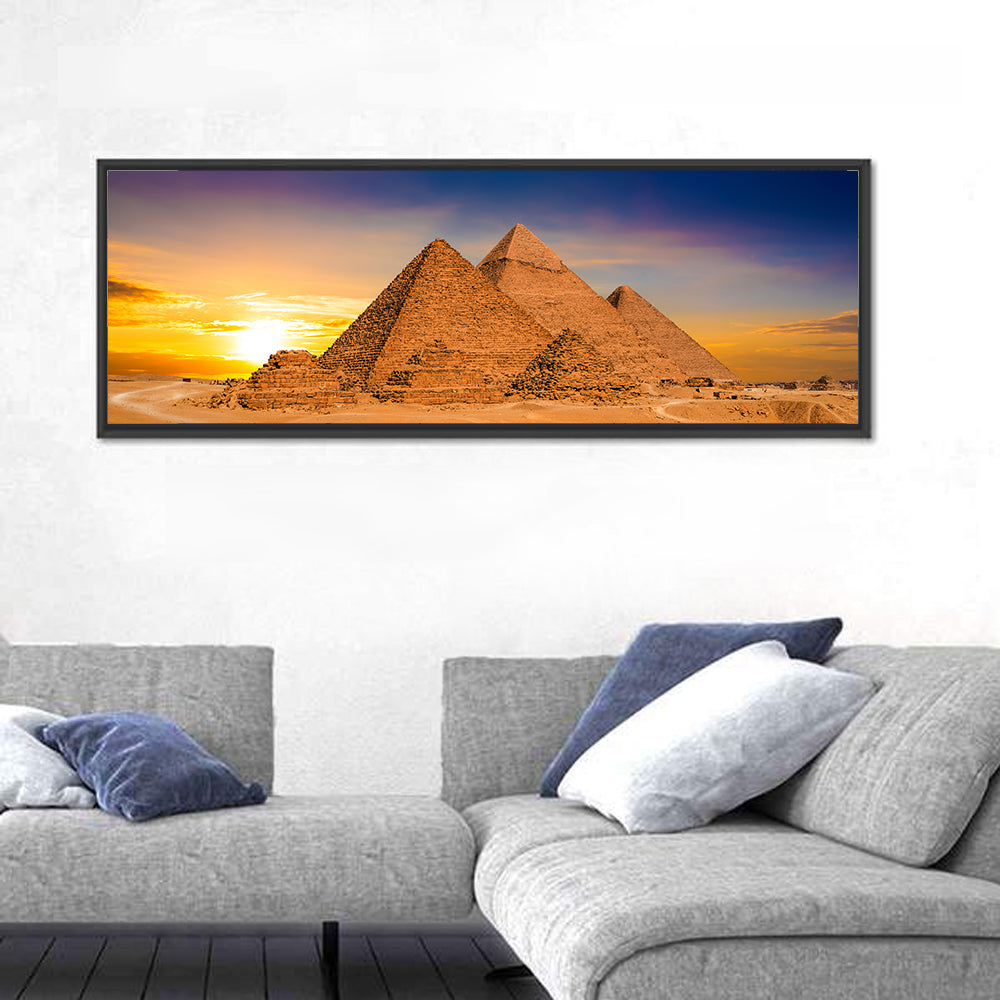 Giza Pyramids at Sunset Wall Art in a room, panoramic