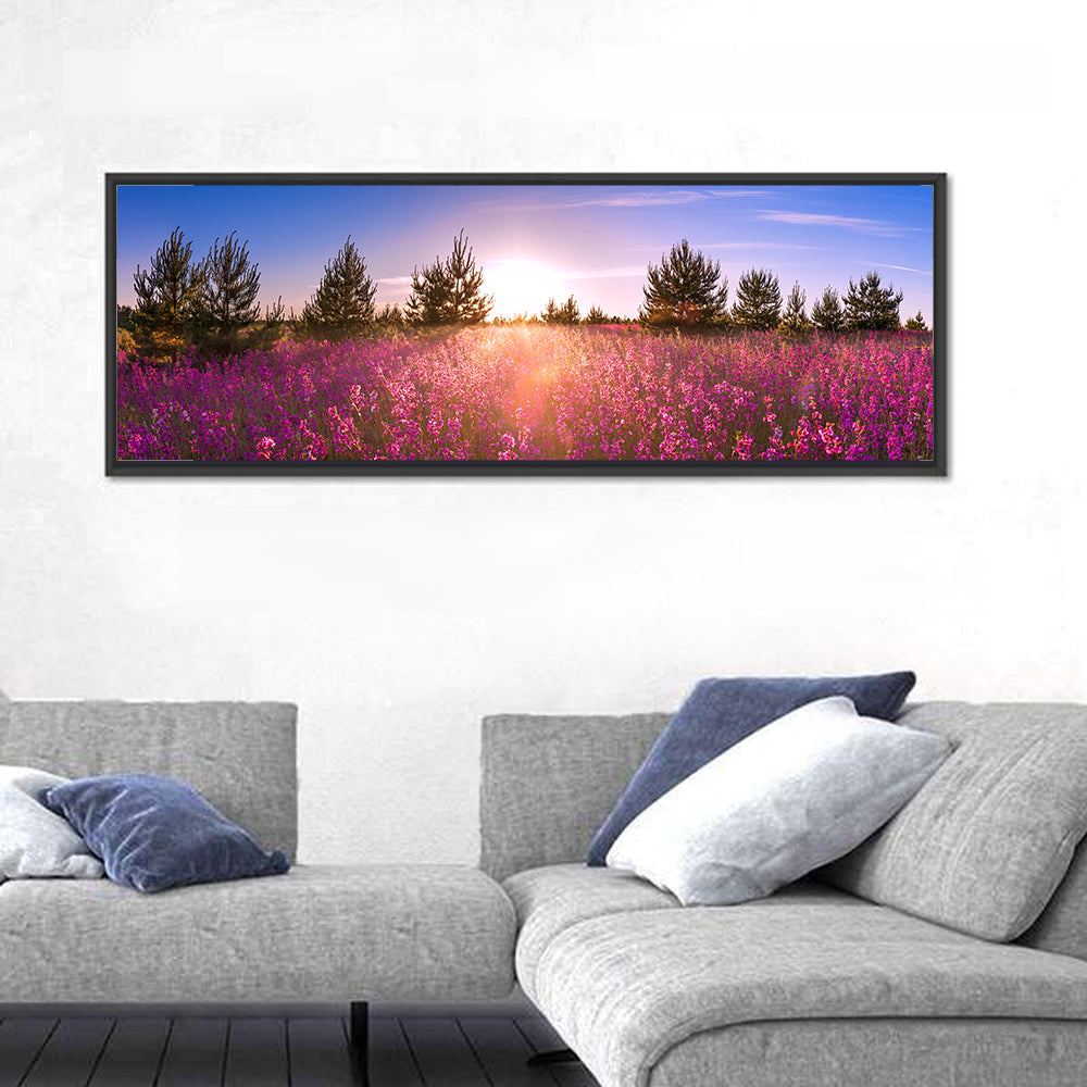 Sunrise Wildflower Meadow Wall Art in a room, panoramic