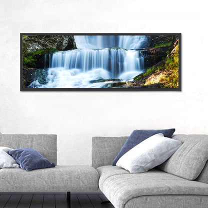 White Waterfall Over Mossy Rocks Wall Art