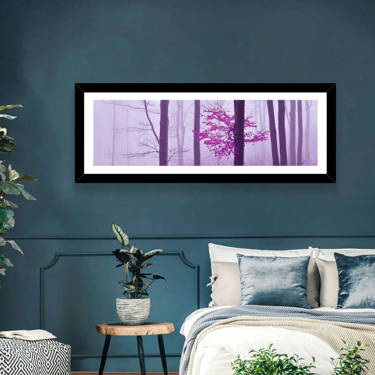 Magenta Tree in Foggy Forest Wall Art in a room, panoramic