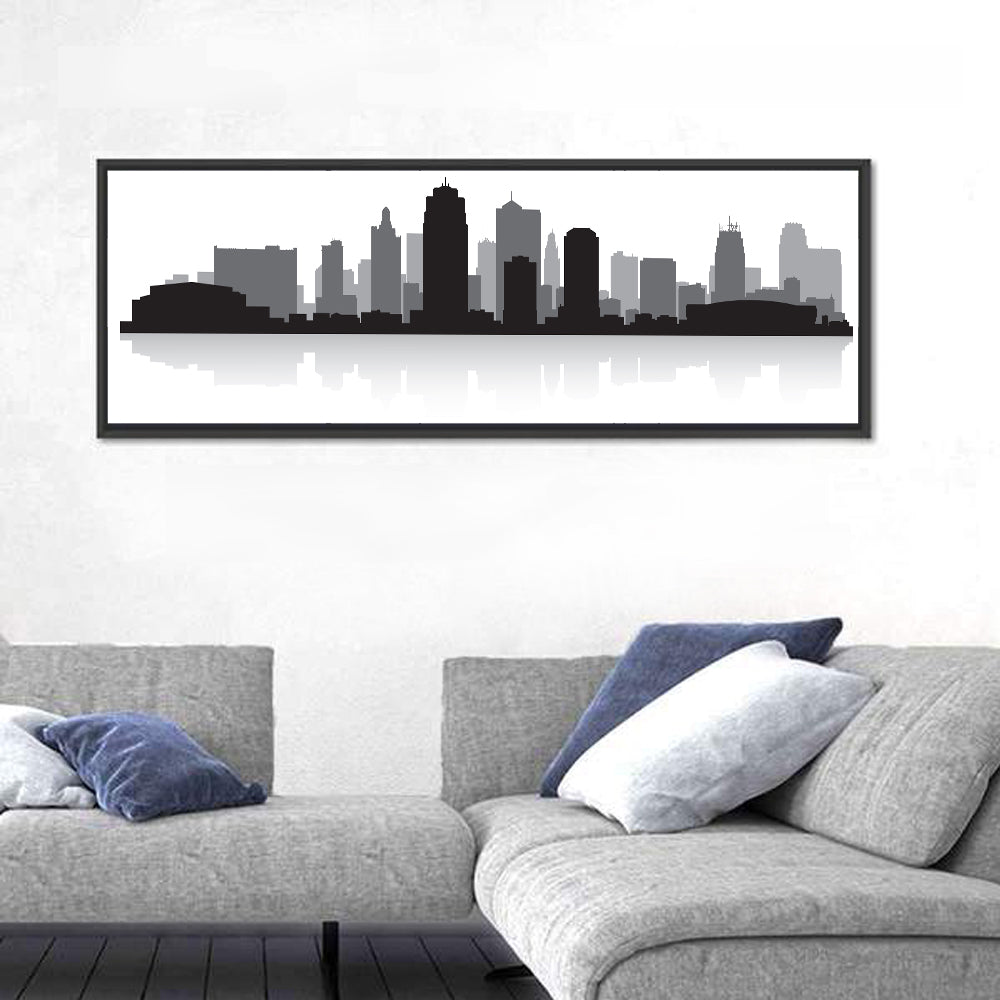 Kansas City Skyline Wall Art in a room, panoramic