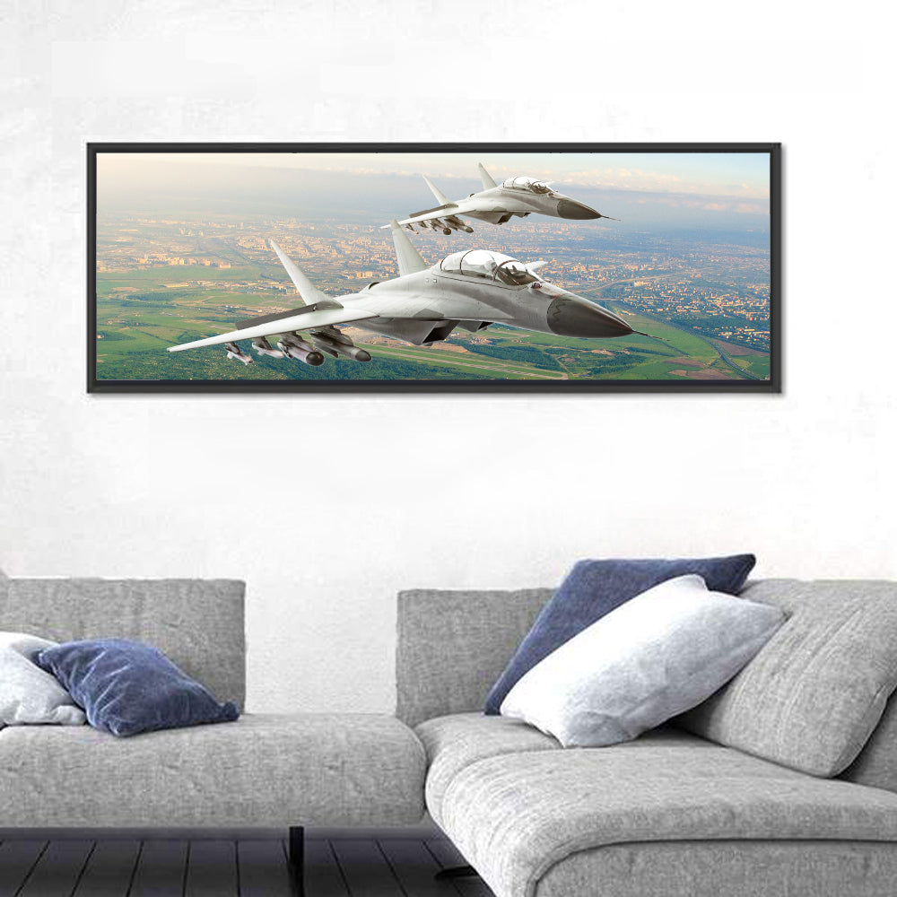 Twin Fighter Jets Over Cityscape Wall Art