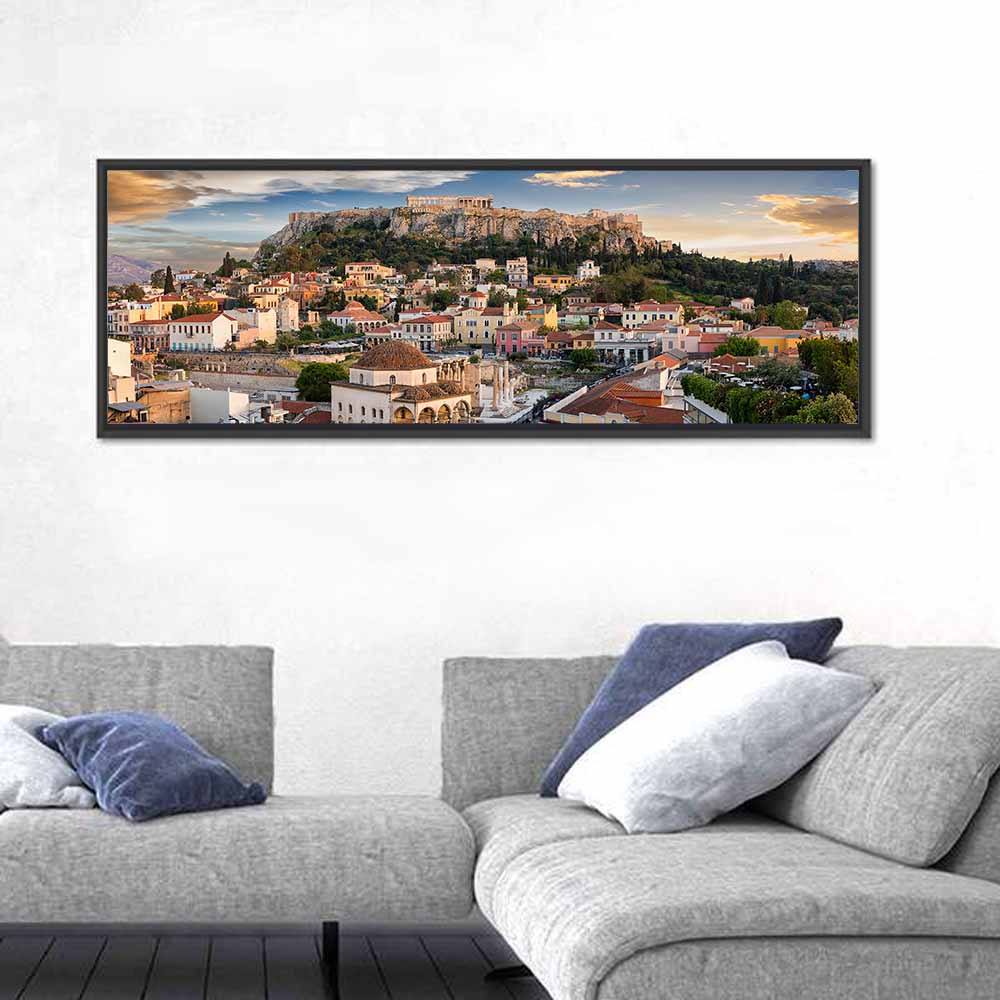 Acropolis and Parthenon Over Athens at Golden Hour Wall Art in a room, panoramic